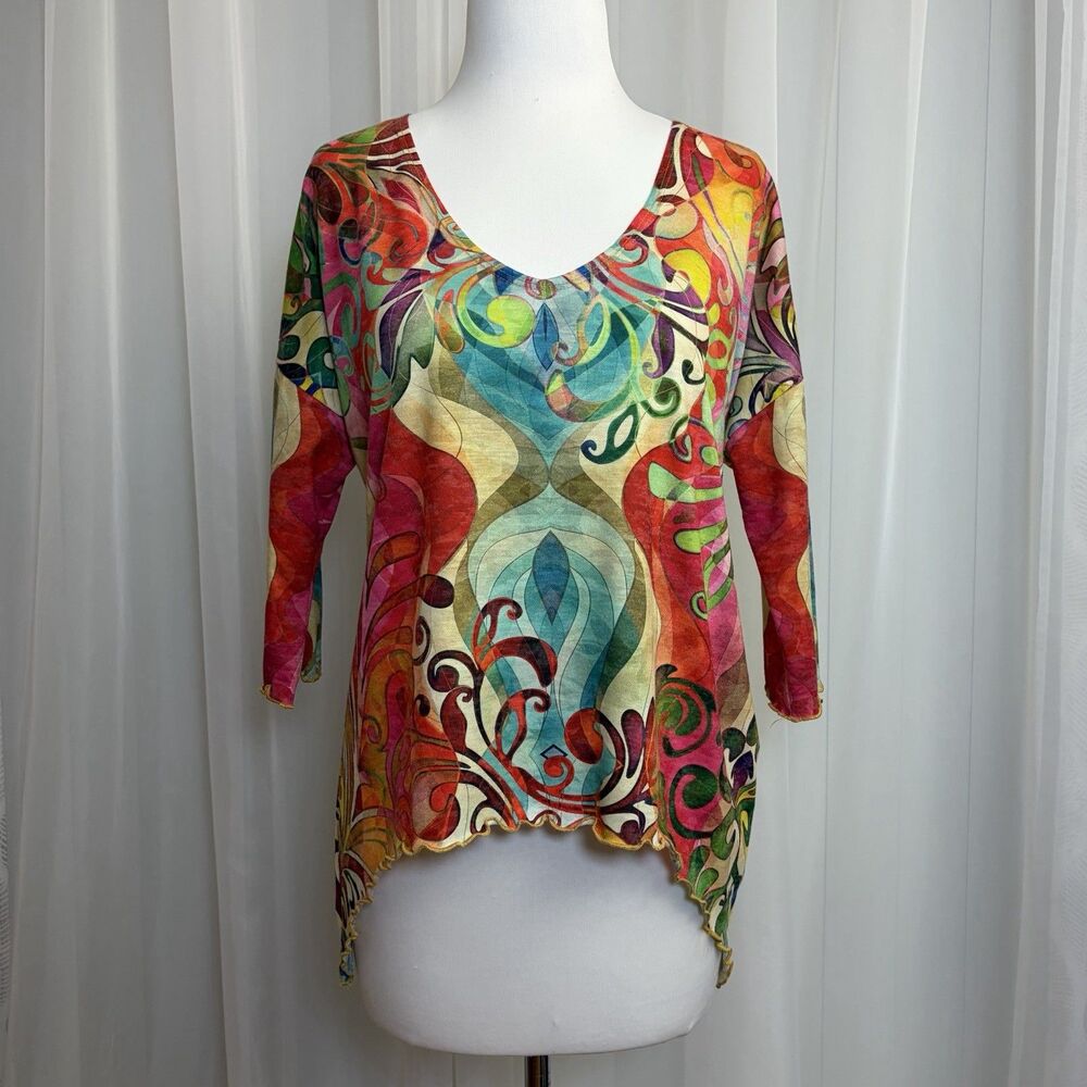 Amma Design Relaxed Top Blouse Women Size S Boho Art to Wear High Low Lagenlook